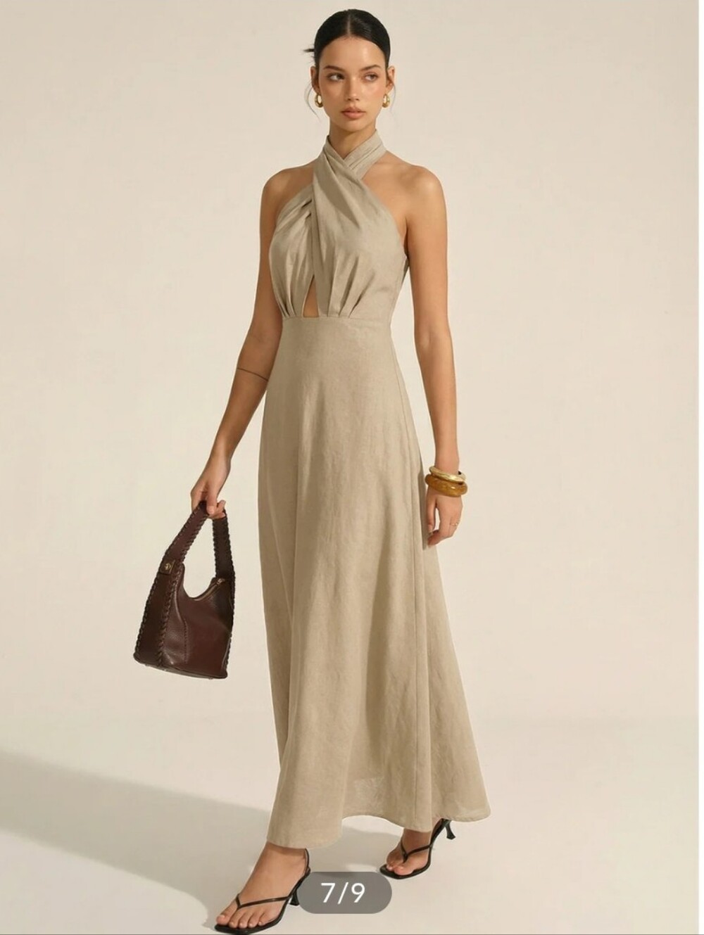 Cotton Linen Halter Neck Cut-Out Maxi Dress